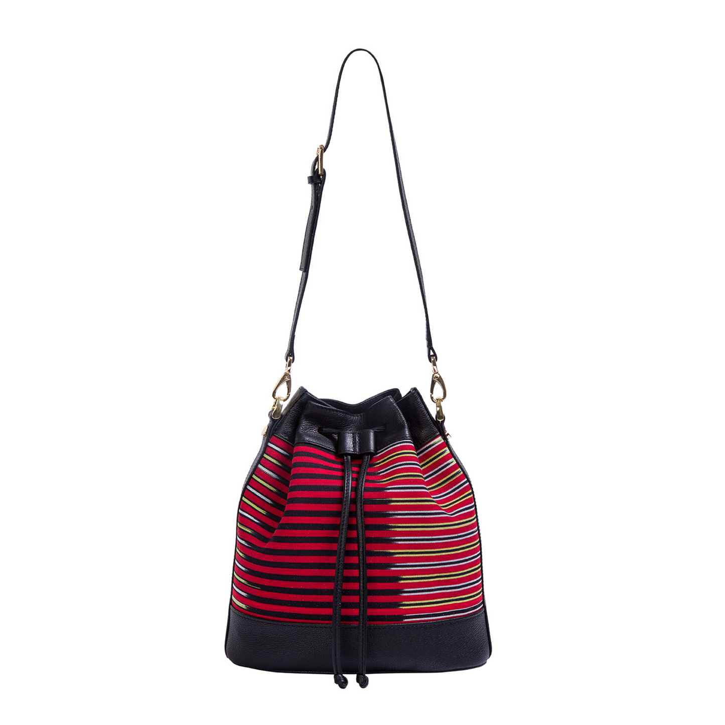 Kuz model. Handwoven fabric on the body and genuine leather detailings. Worn in three ways: hand, shoulder and backpack bag.