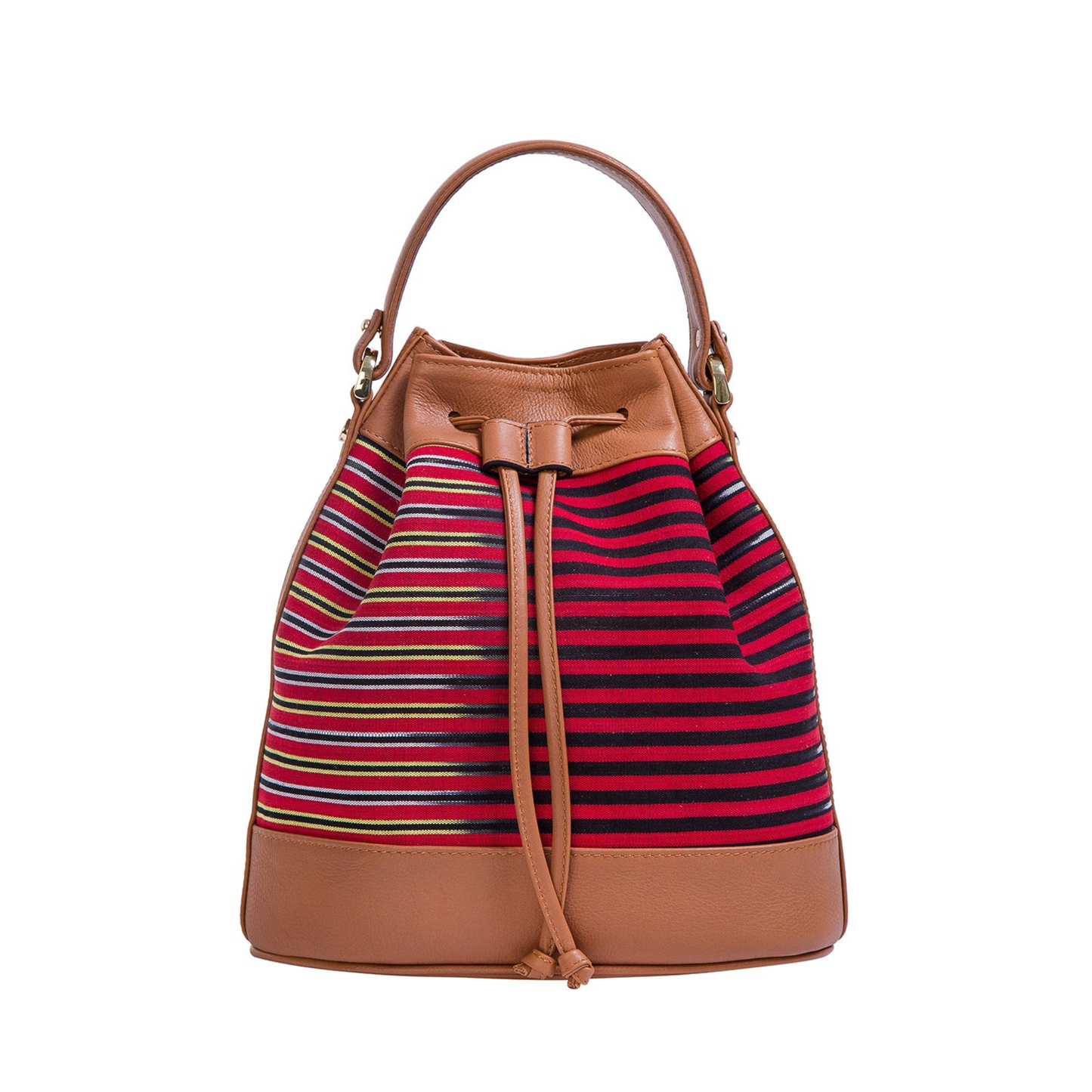 Kuz model. Handwoven fabric on the body and genuine leather detailings. Worn in three ways: hand, shoulder and backpack bag.