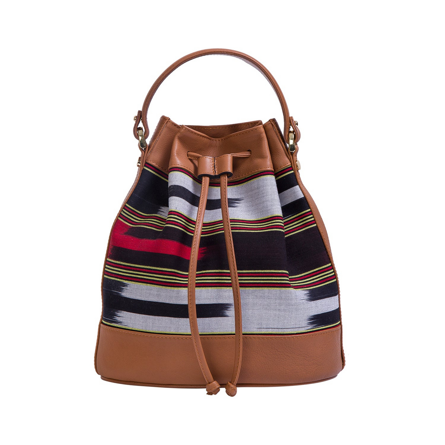 Kuz model. Handwoven fabric on the body and genuine leather detailings. Worn in three ways: hand, shoulder and backpack bag.