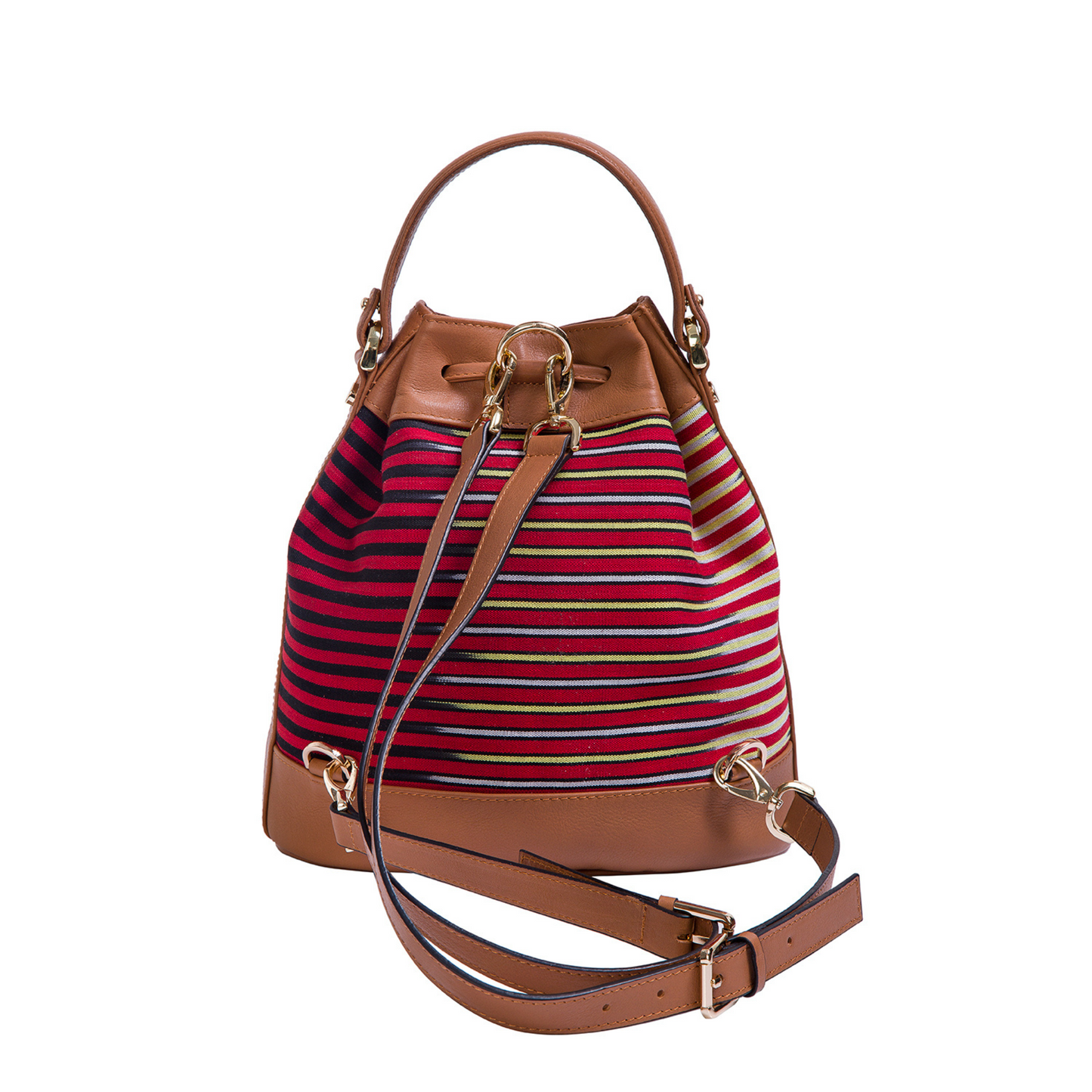 Kuz model. Handwoven fabric on the body and genuine leather detailings. Worn in three ways: hand, shoulder and backpack bag.