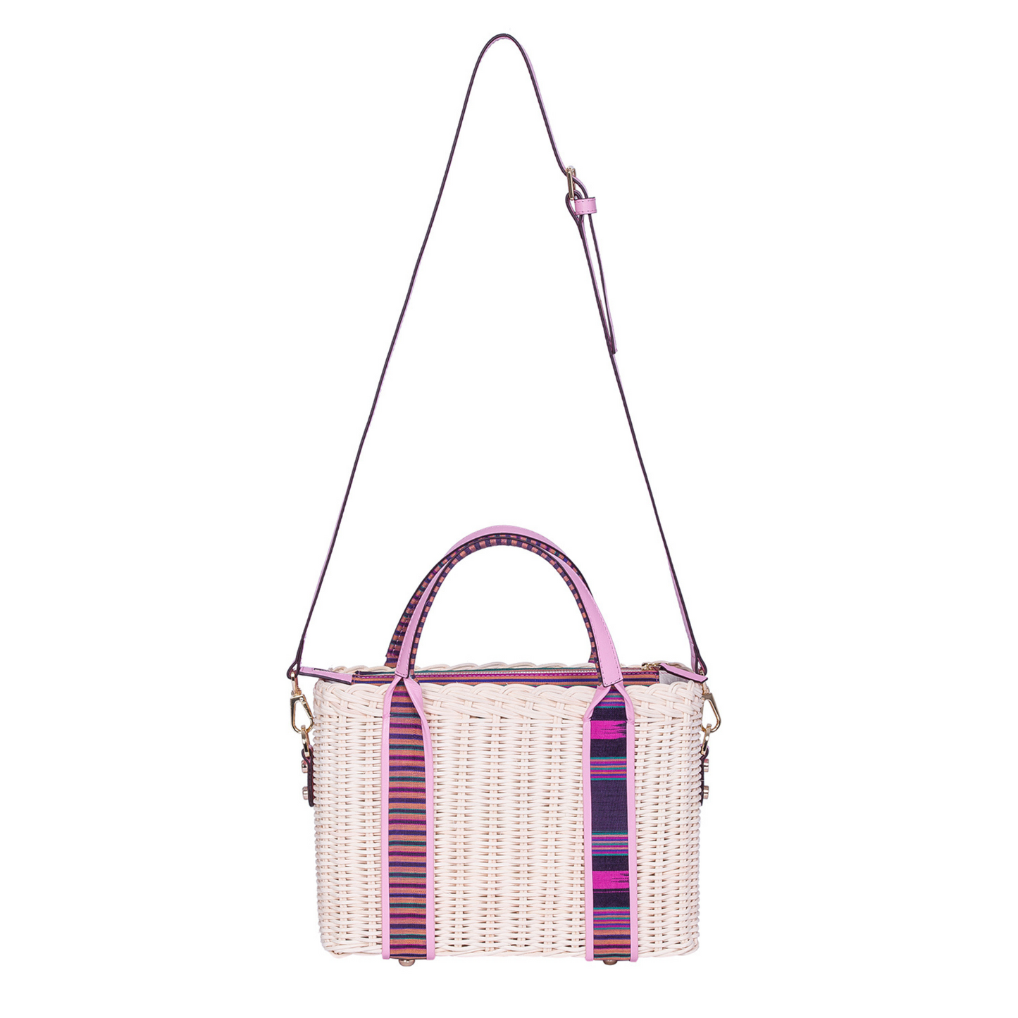 woven rattan women bag with leather detailings. accented with handmade Turkish textile