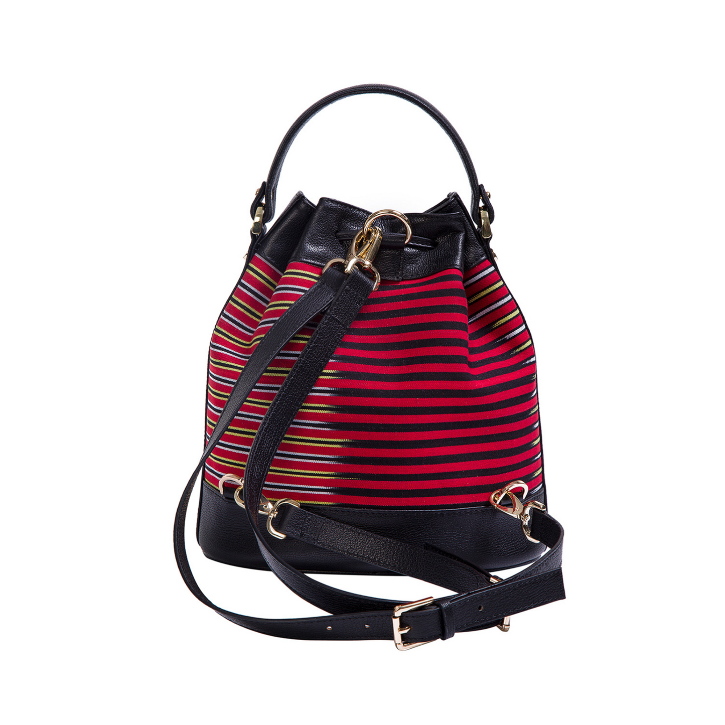 Kuz model. Handwoven fabric on the body and genuine leather detailings. Worn in three ways: hand, shoulder and backpack bag.