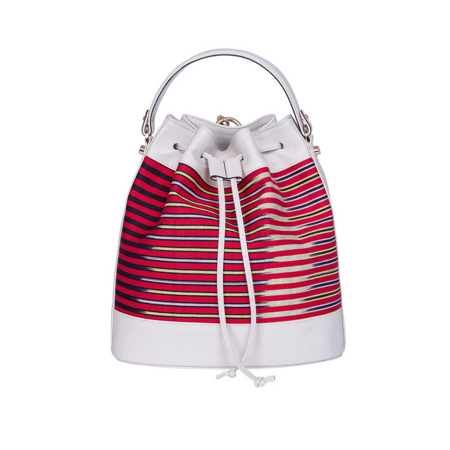 Kuz model. Handwoven fabric on the body and genuine leather detailings. Worn in three ways: hand, shoulder and backpack bag.