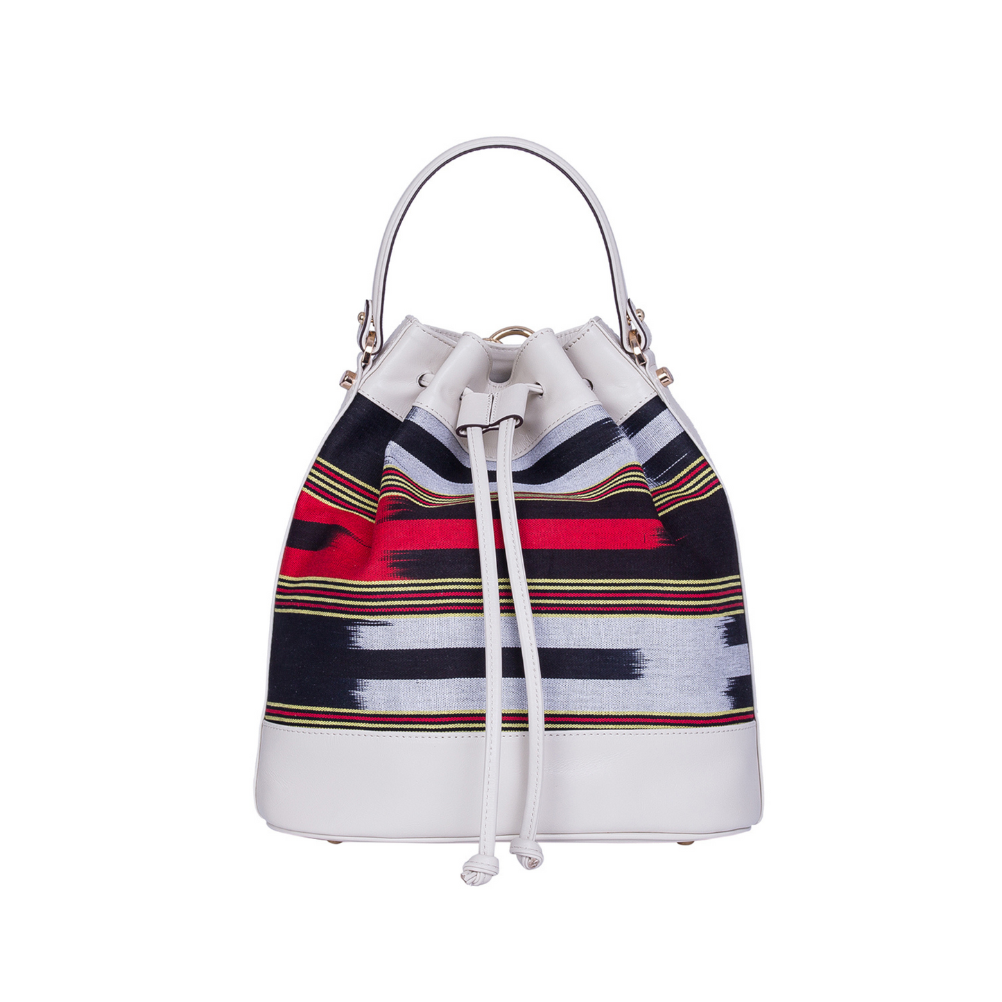 Kuz model. Handwoven fabric on the body and genuine leather detailings. Worn in three ways: hand, shoulder and backpack bag.