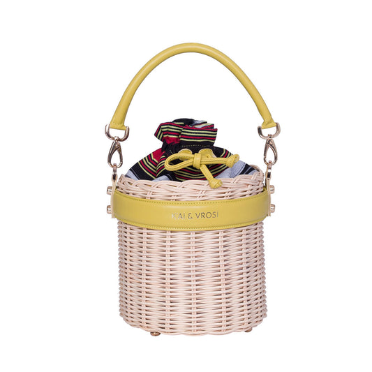 Yellow Leather & Straw Bucket Bag with Drawstring