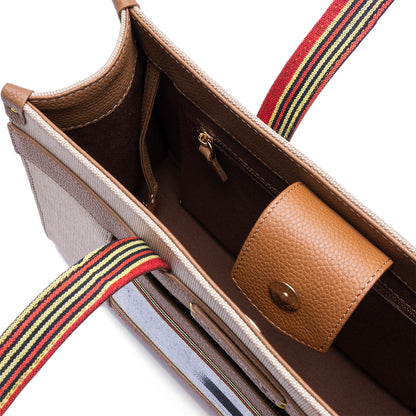 Tobacco Leather & Canvas Tote Bag with Pockets