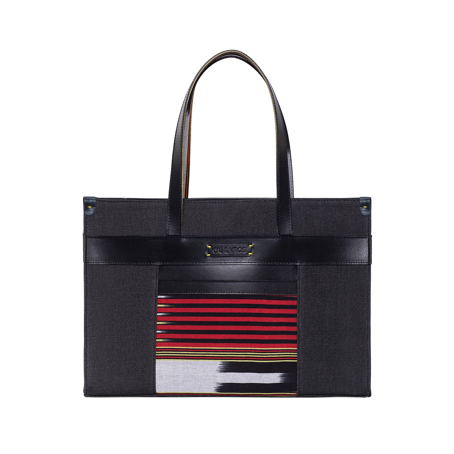 Black Leather & Canvas Tote Bag with Pockets