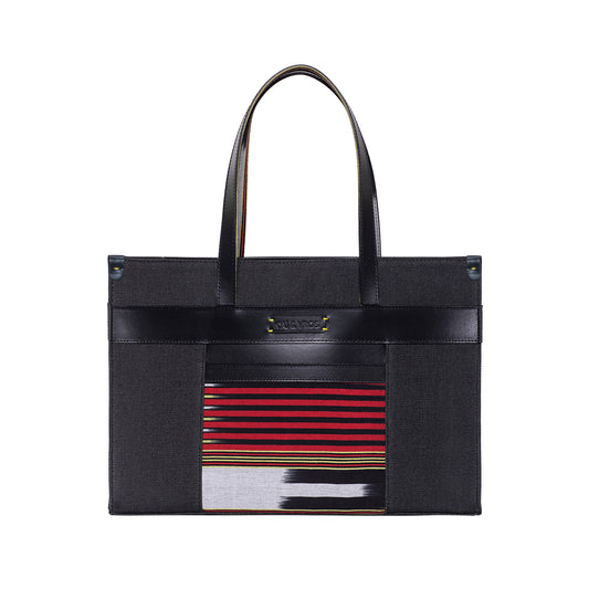 Black Leather & Canvas Tote Bag with Pockets