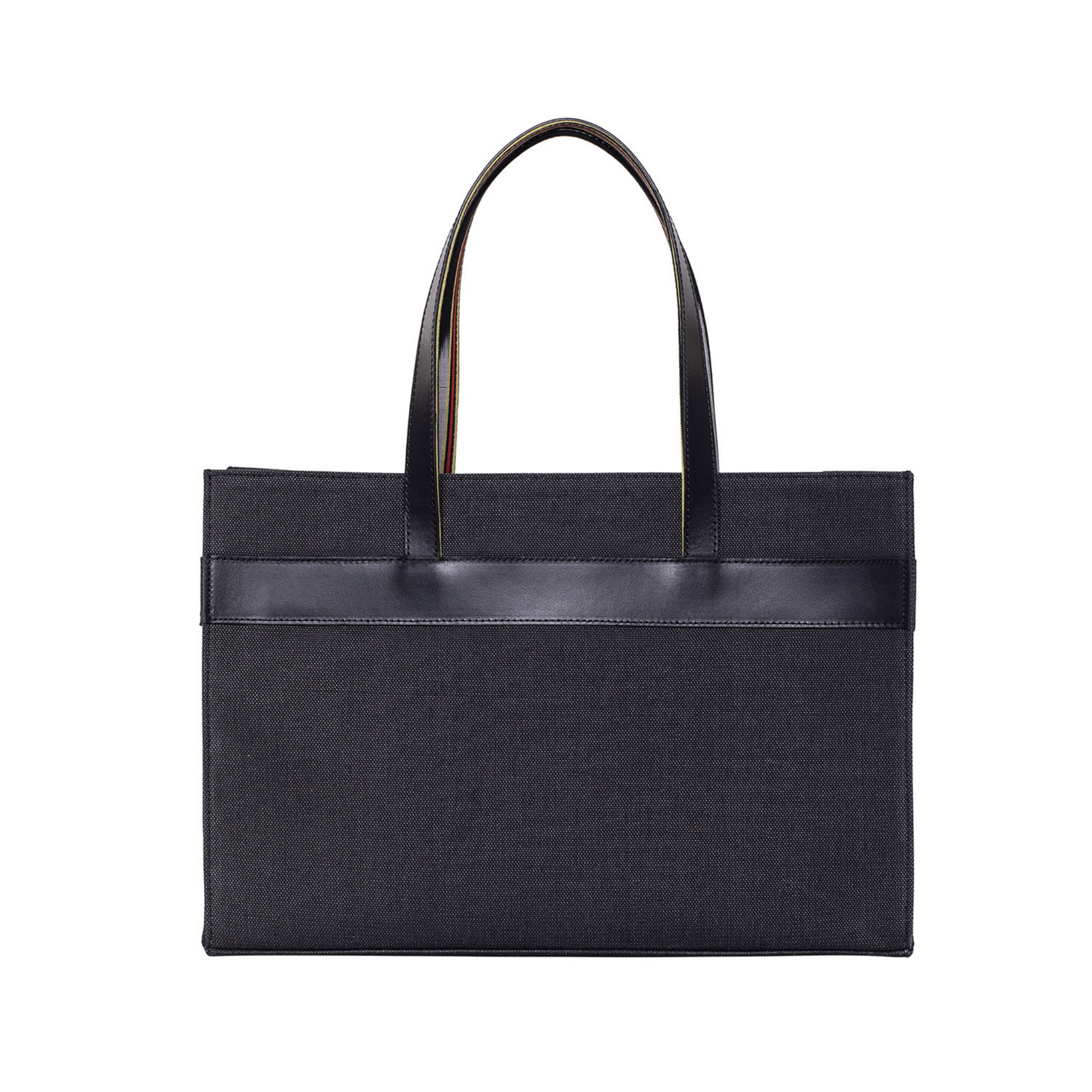 Made of canvas, leather and fabric. the appearance of the back of Zua tote bag