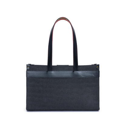 Midi Black Leather & Canvas Tote Bag with Pockets