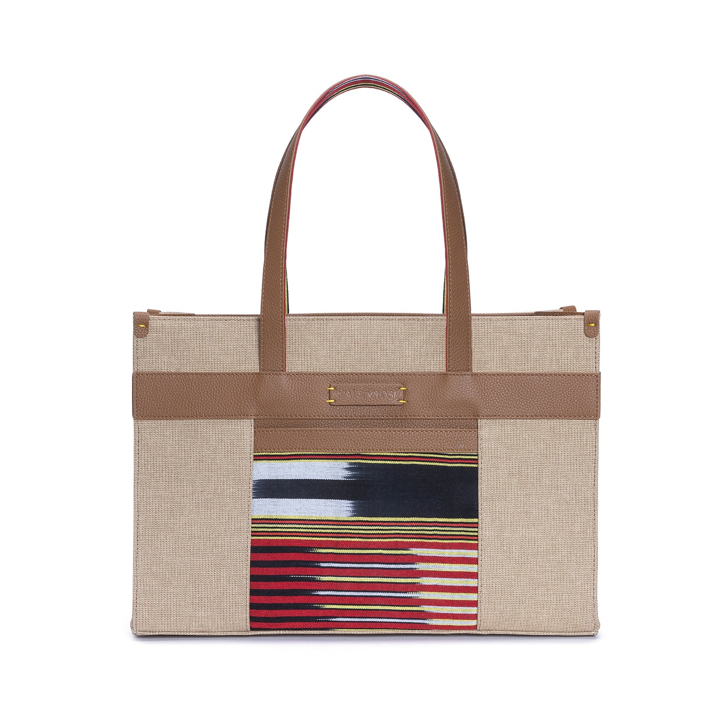 Tobacco Leather & Canvas Tote Bag with Pockets