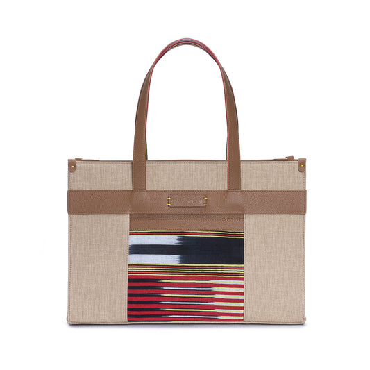 Tobacco Leather & Canvas Tote Bag with Pockets