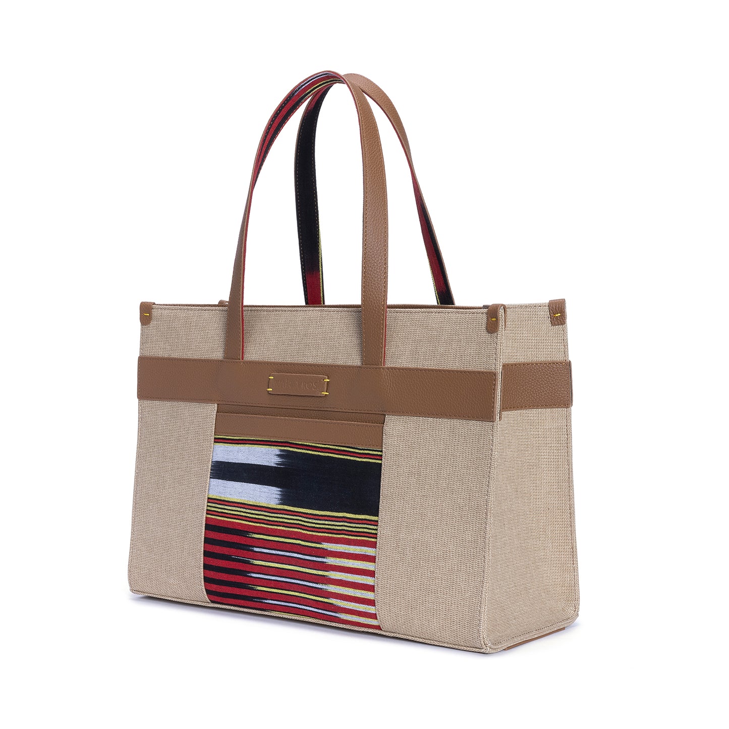 Tobacco Leather & Canvas Tote Bag with Pockets