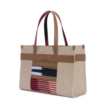 Tobacco Leather & Canvas Tote Bag with Pockets