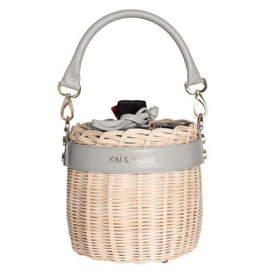 Okordule gray, round shaped woven rattan handbag with leather top handle