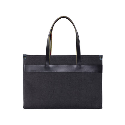 Black Leather & Canvas Tote Bag with Pockets