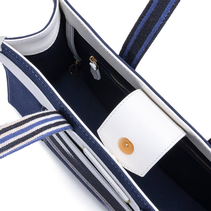 Midi Navy Leather & Canvas Tote Bag with Pockets