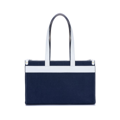 Midi Navy Leather & Canvas Tote Bag with Pockets