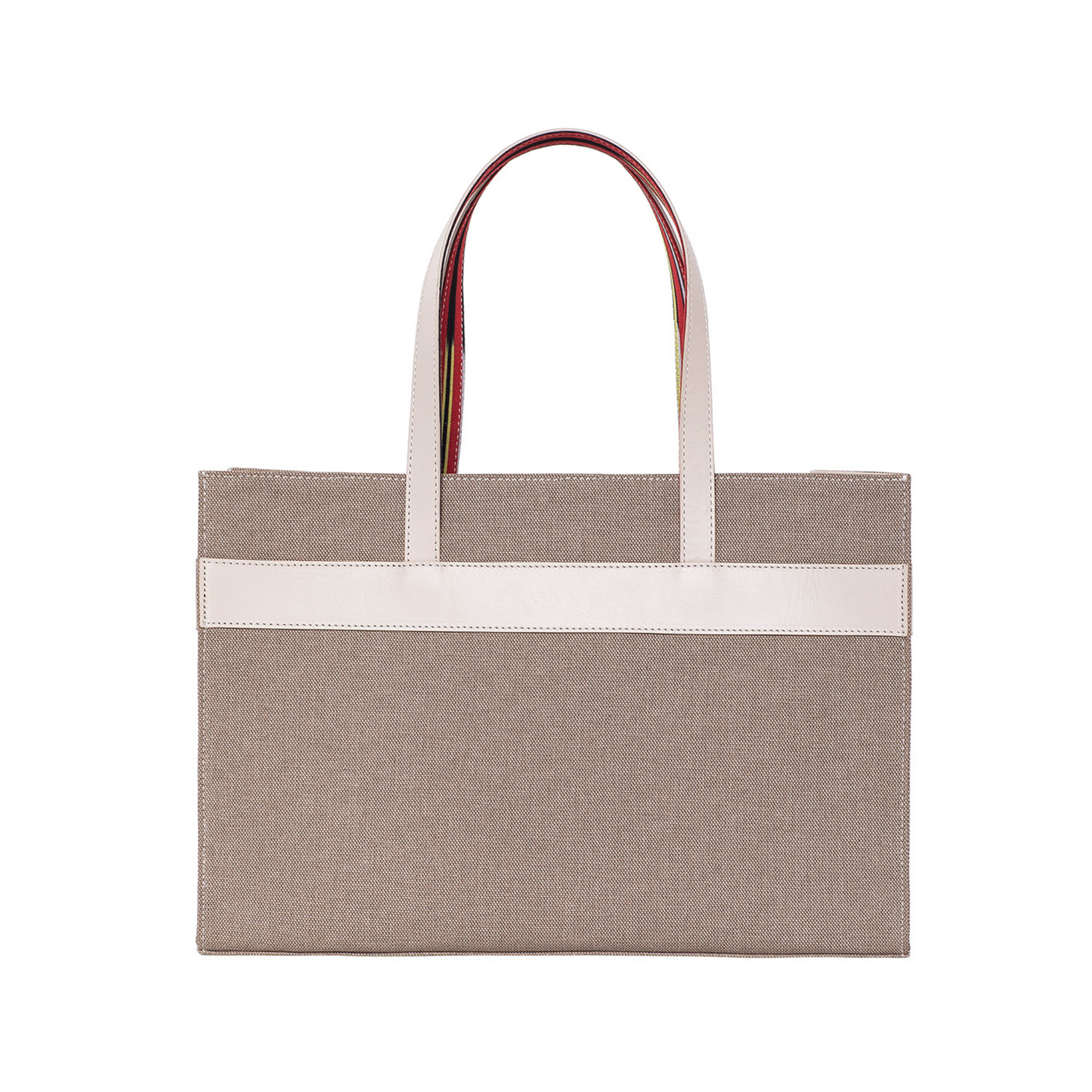 Made of canvas, leather and fabric. the appearance of the back of Zua tote bag