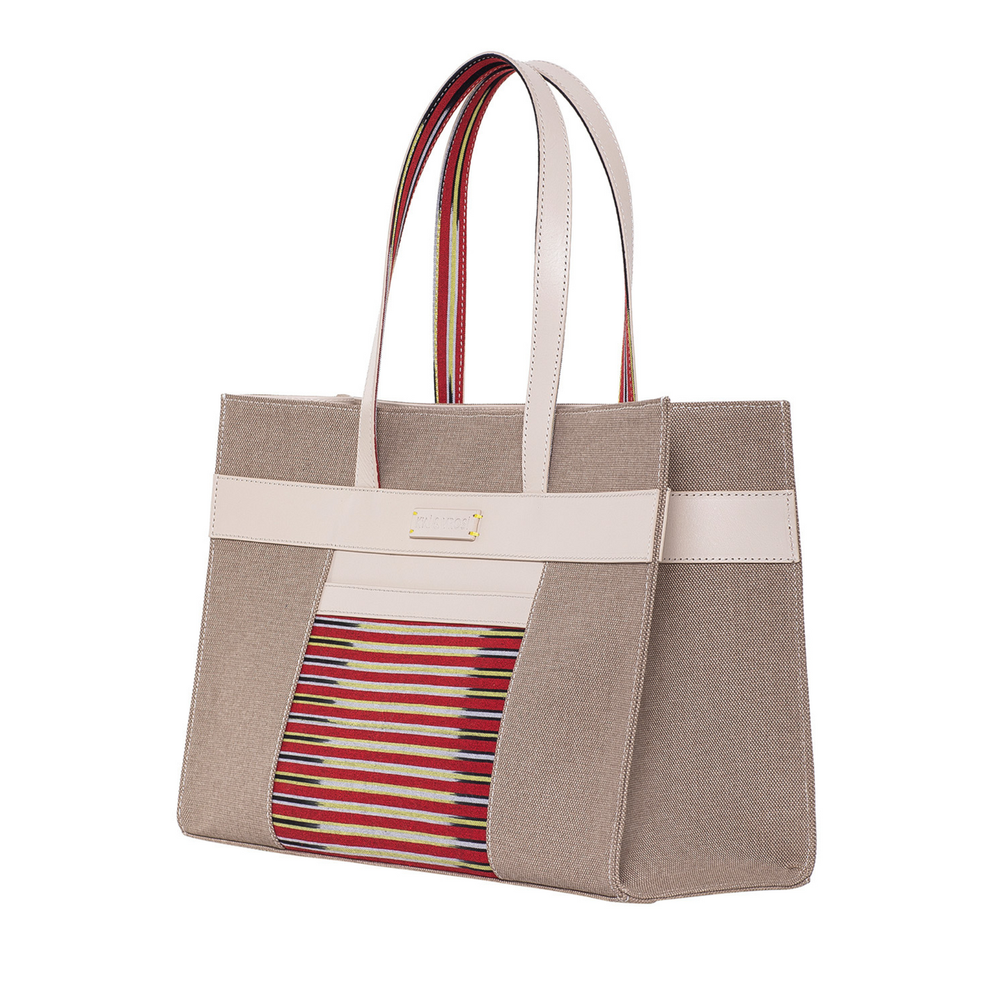 Zua cream tote bag. Leather detailings on the body, leather hand strap, canvas on the body and handwoven fabric pocket in the front