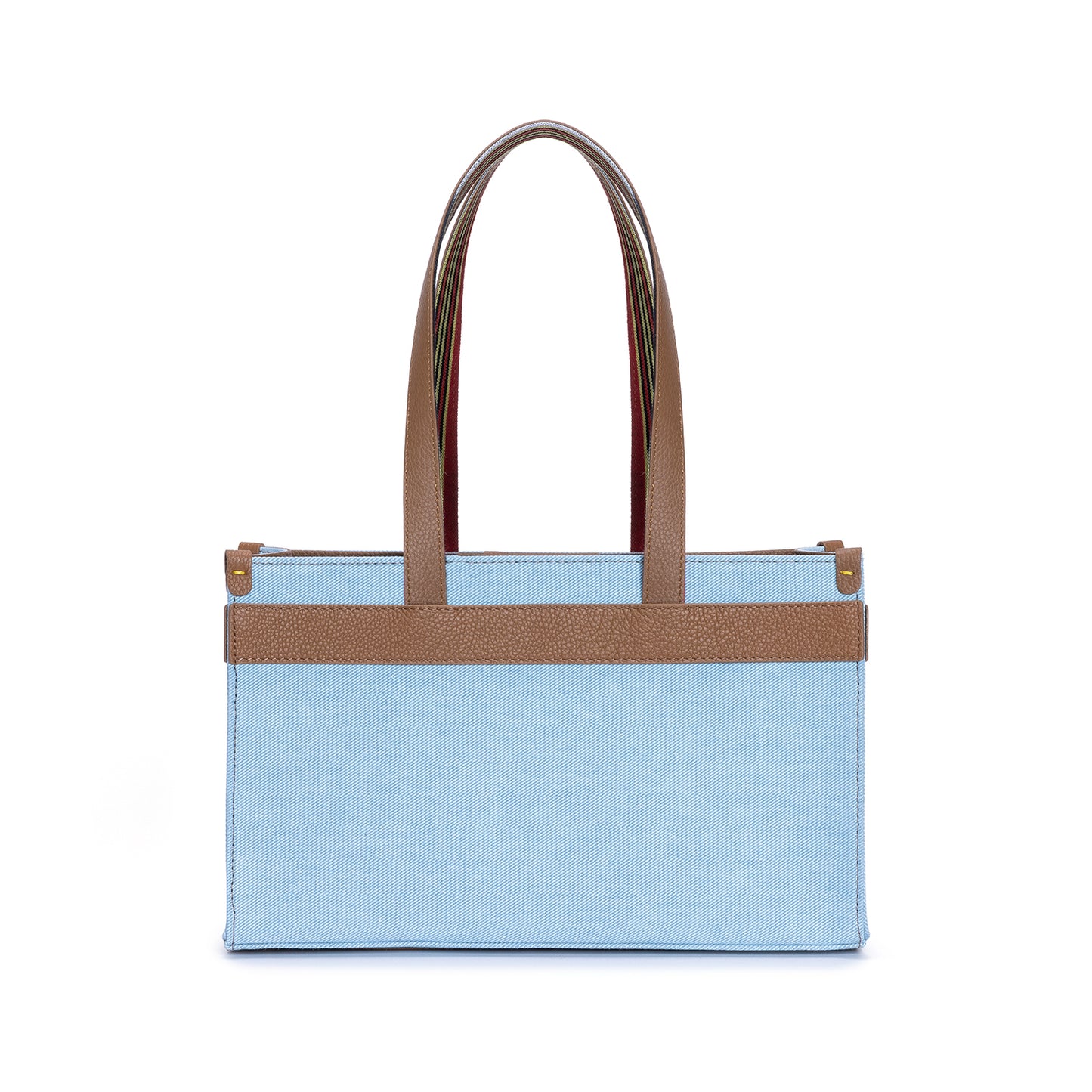 Midi Tobacco Leather & Denim Canvas Tote Bag with Pockets