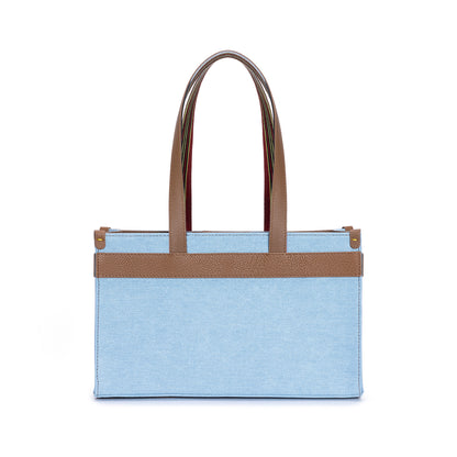 Midi Tobacco Leather & Denim Canvas Tote Bag with Pockets