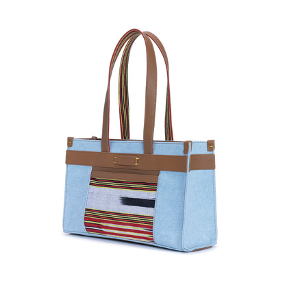 Midi Tobacco Leather & Denim Canvas Tote Bag with Pockets