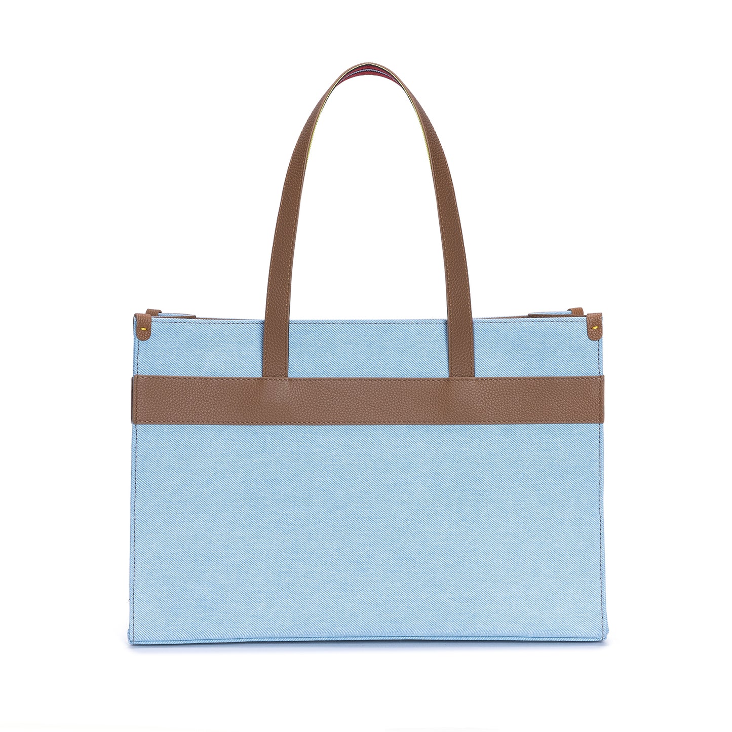 Tobacco Leather & Denim Canvas Tote Bag with Pockets
