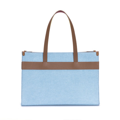 Tobacco Leather & Denim Canvas Tote Bag with Pockets