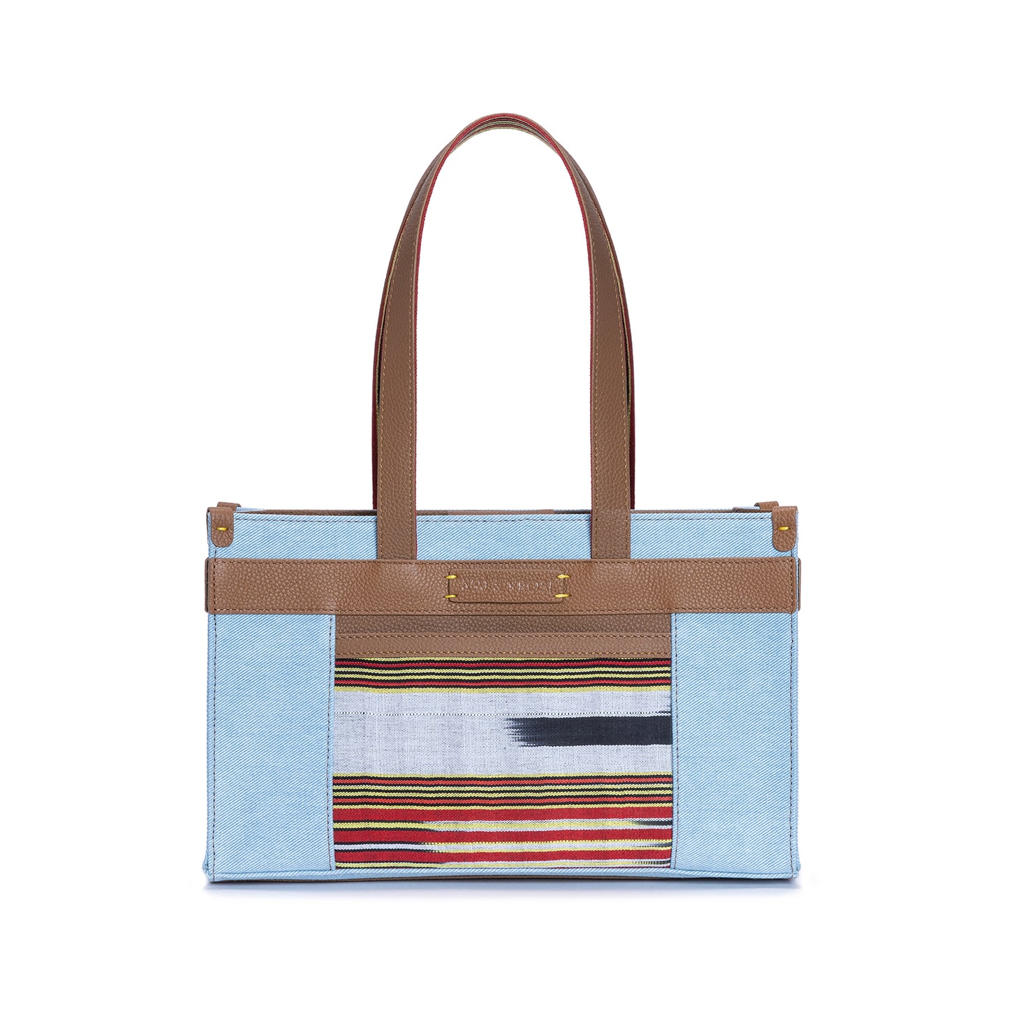 Midi Tobacco Leather & Denim Canvas Tote Bag with Pockets