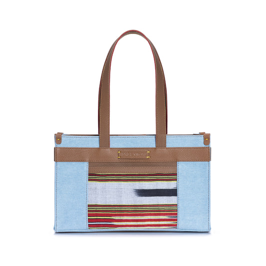 Midi Tobacco Leather & Denim Canvas Tote Bag with Pockets