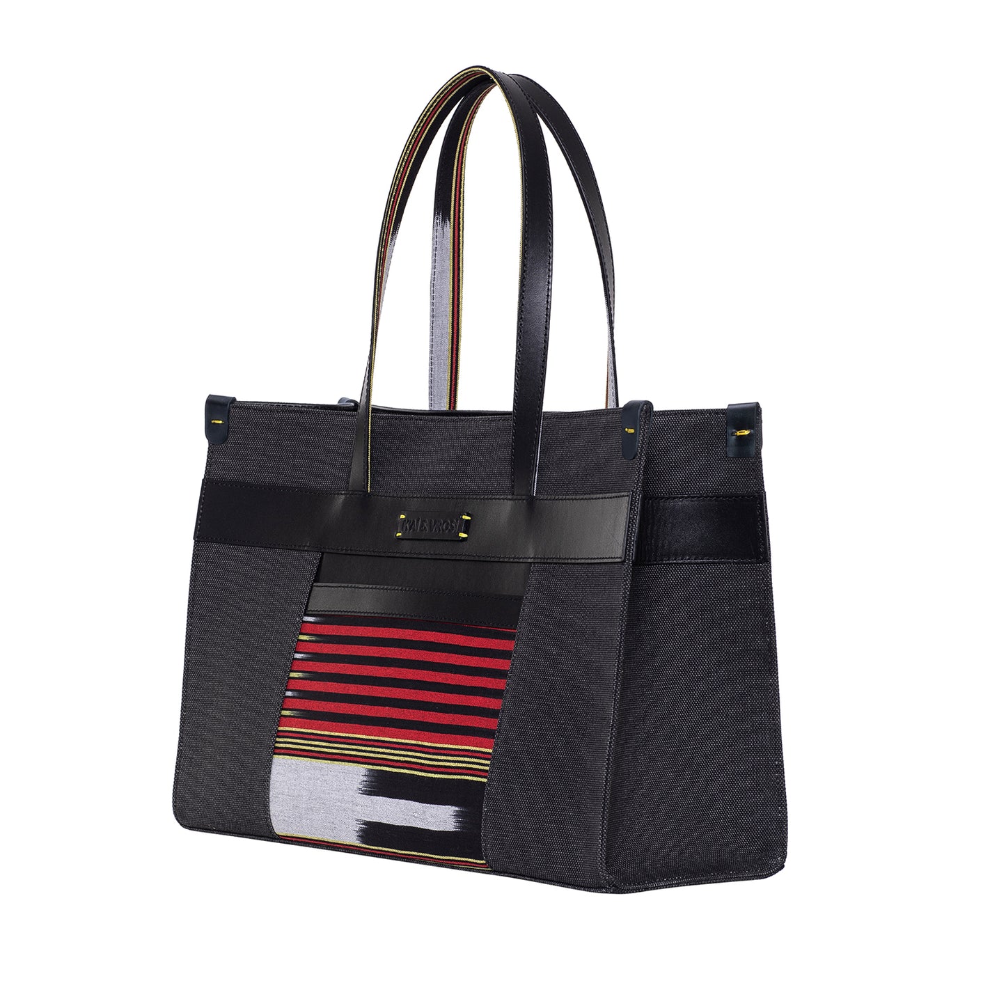 Black Leather & Canvas Tote Bag with Pockets