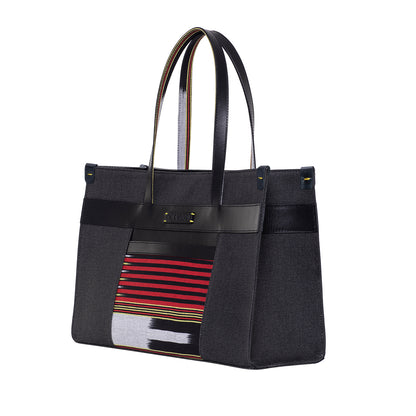 Black Leather & Canvas Tote Bag with Pockets