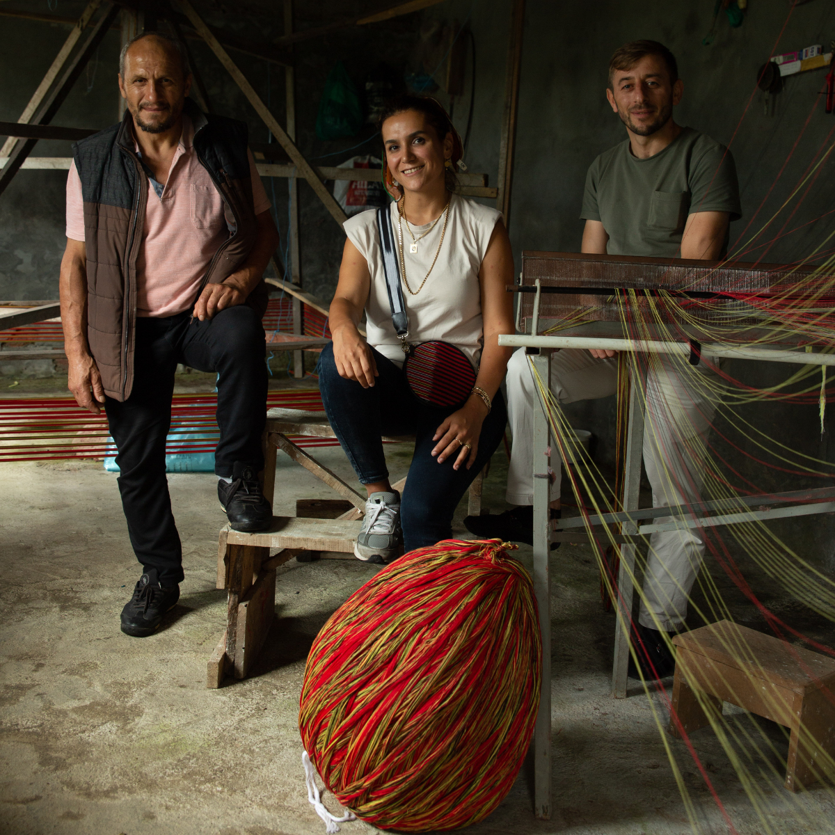 two weavers and the founder of K'ai&Vrosi are at weaving workshop in Trabzon.