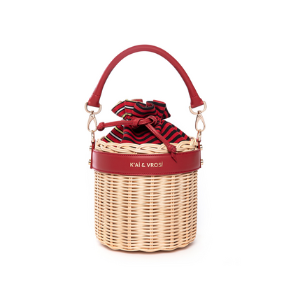 Red Leather & Straw Bucket Bag with Drawstring