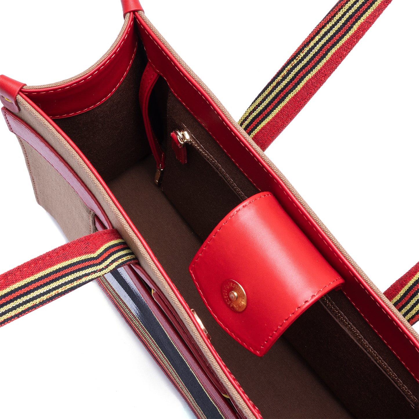 Red Leather & Tobacco Canvas Tote Bag with Pockets