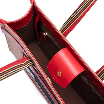 Red Leather & Tobacco Canvas Tote Bag with Pockets