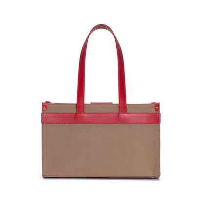 Red Leather & Tobacco Canvas Tote Bag with Pockets
