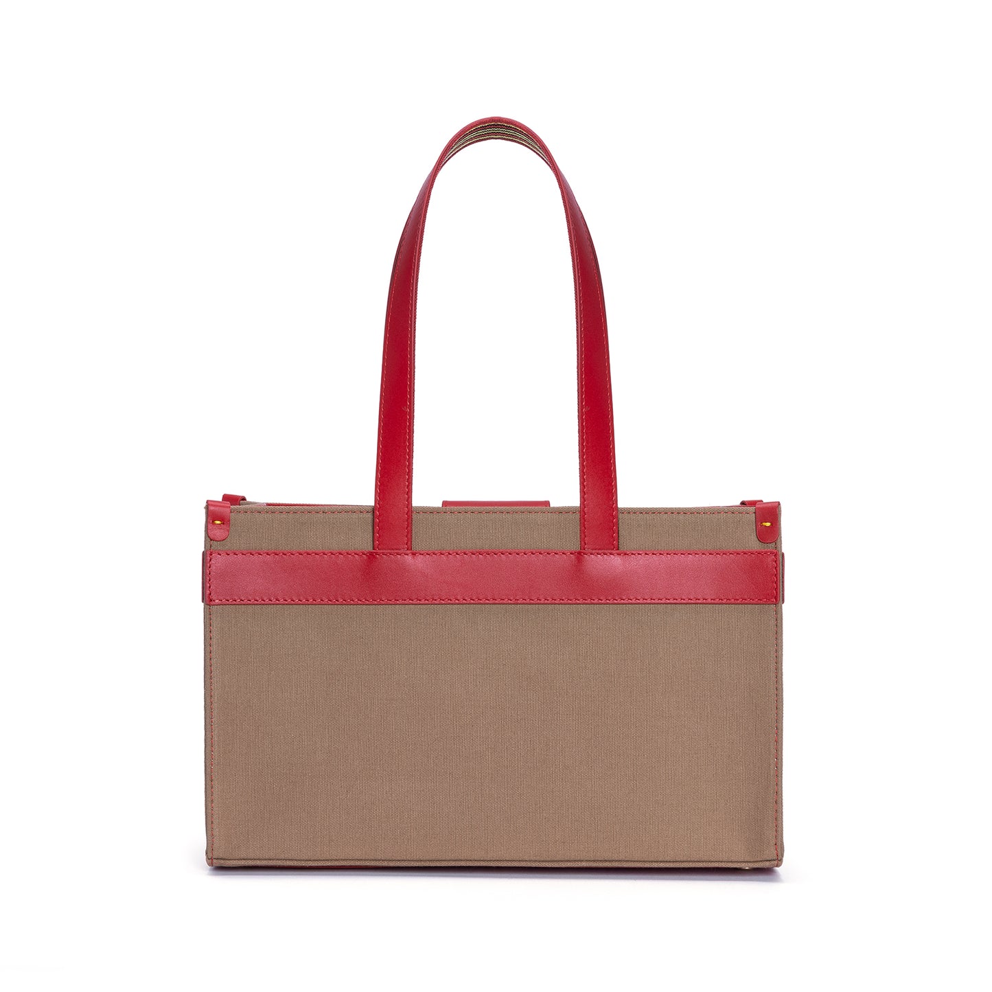 Midi Red Leather & Tobacco Canvas Tote Bag with Pockets