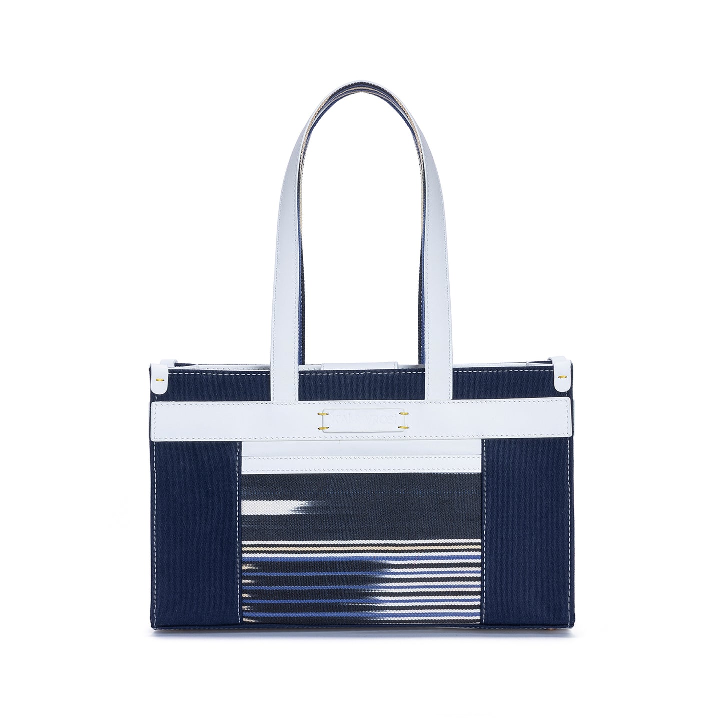 Midi Navy Leather & Canvas Tote Bag with Pockets