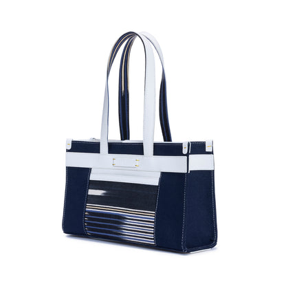 Midi Navy Leather & Canvas Tote Bag with Pockets