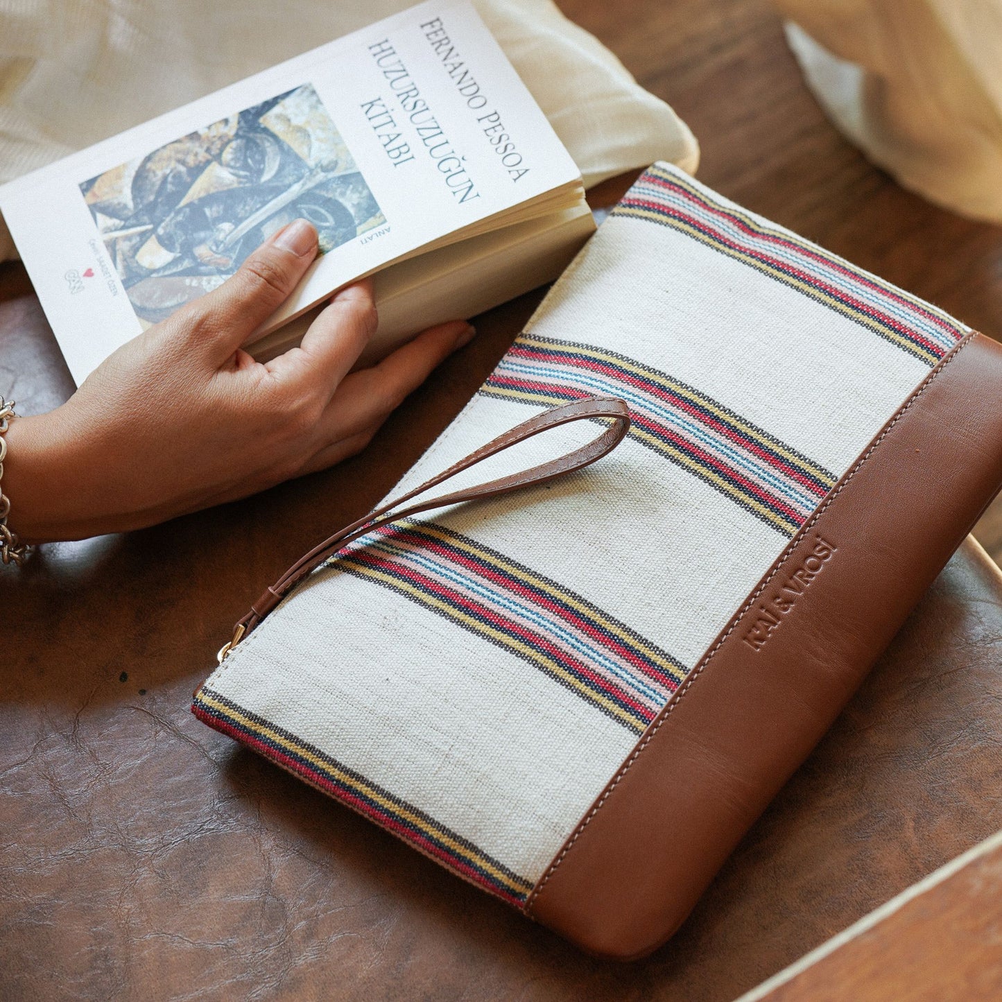 Antiochia - Tobacco Calfskin & Handloomed Fabric Clutch