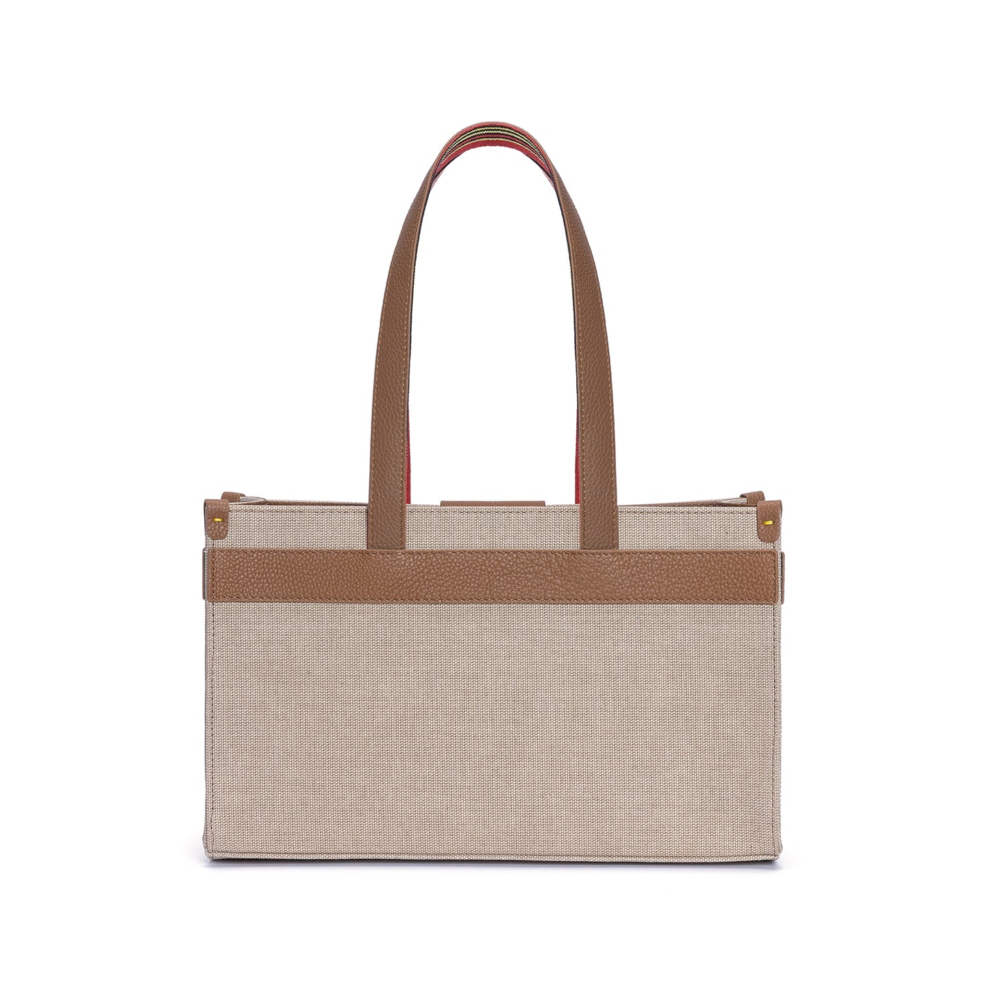 Midi Tobacco Leather & Canvas Tote Bag with Pockets