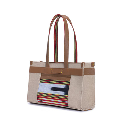 Midi Tobacco Leather & Canvas Tote Bag with Pockets