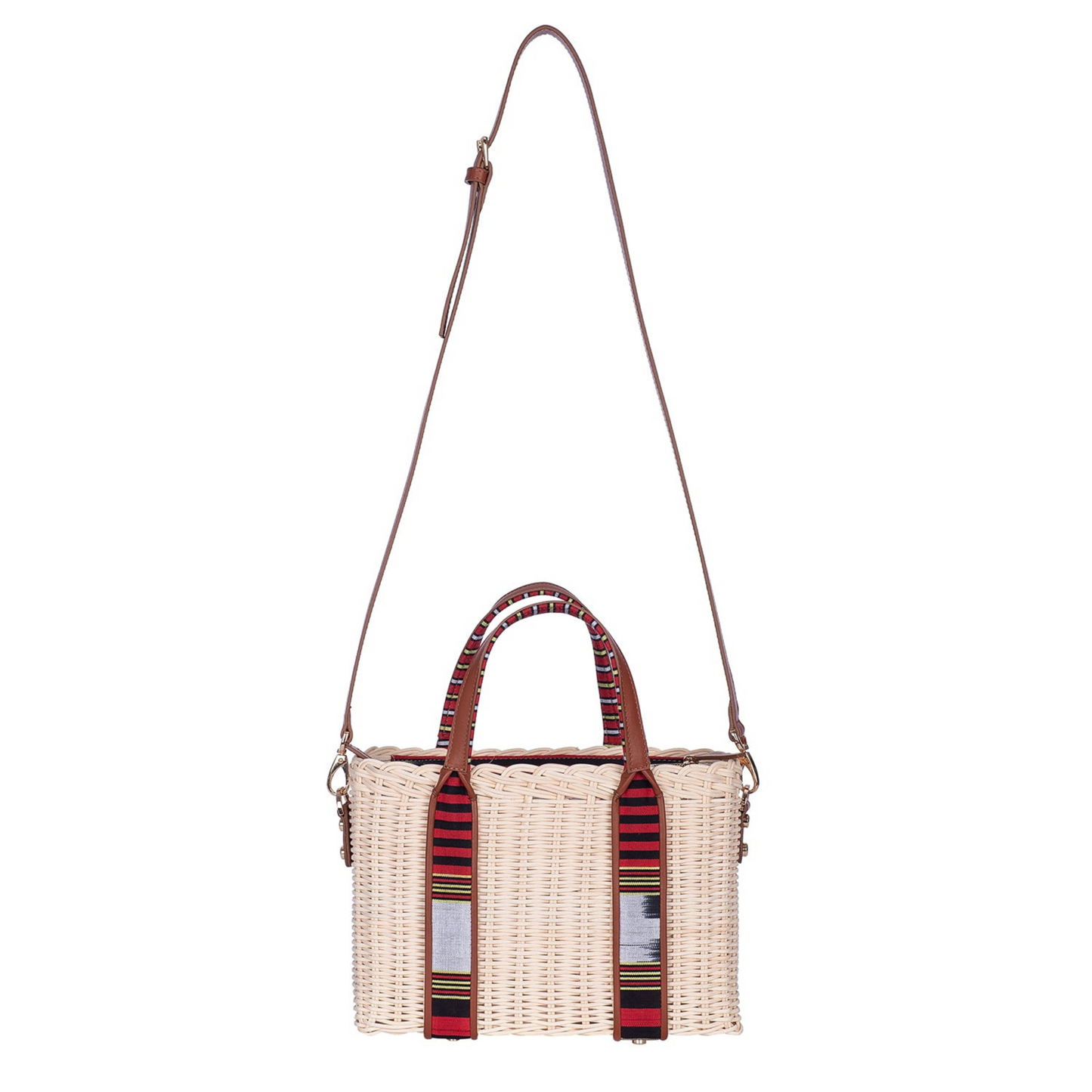 woven rattan women bag with leather detailings. accented with handmade Turkish textile