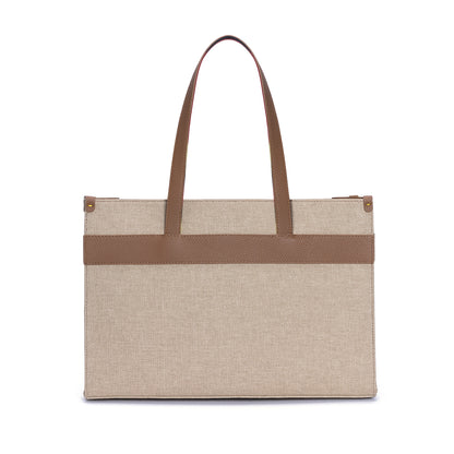 Tobacco Leather & Canvas Tote Bag with Pockets