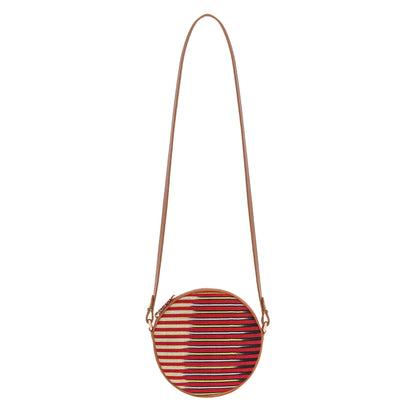 Brown Genuine Leather & Striped Fabric Pattern Crossbody Bag