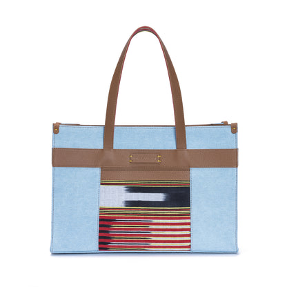 Tobacco Leather & Denim Canvas Tote Bag with Pockets