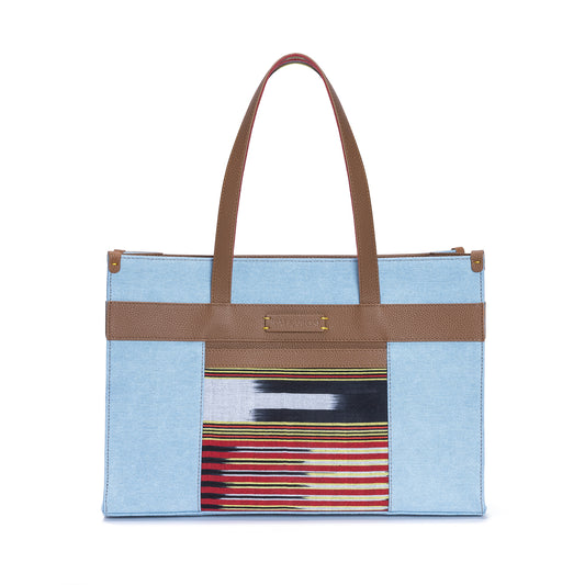 Tobacco Leather & Denim Canvas Tote Bag with Pockets