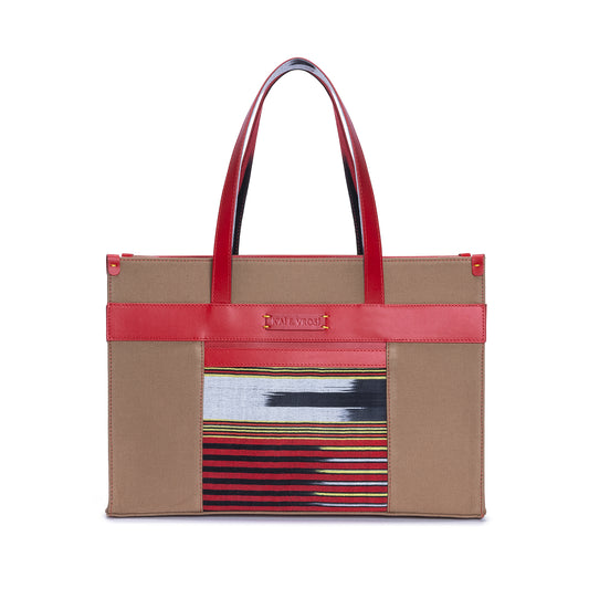 Red Leather & Tobacco Canvas Tote Bag with Pockets